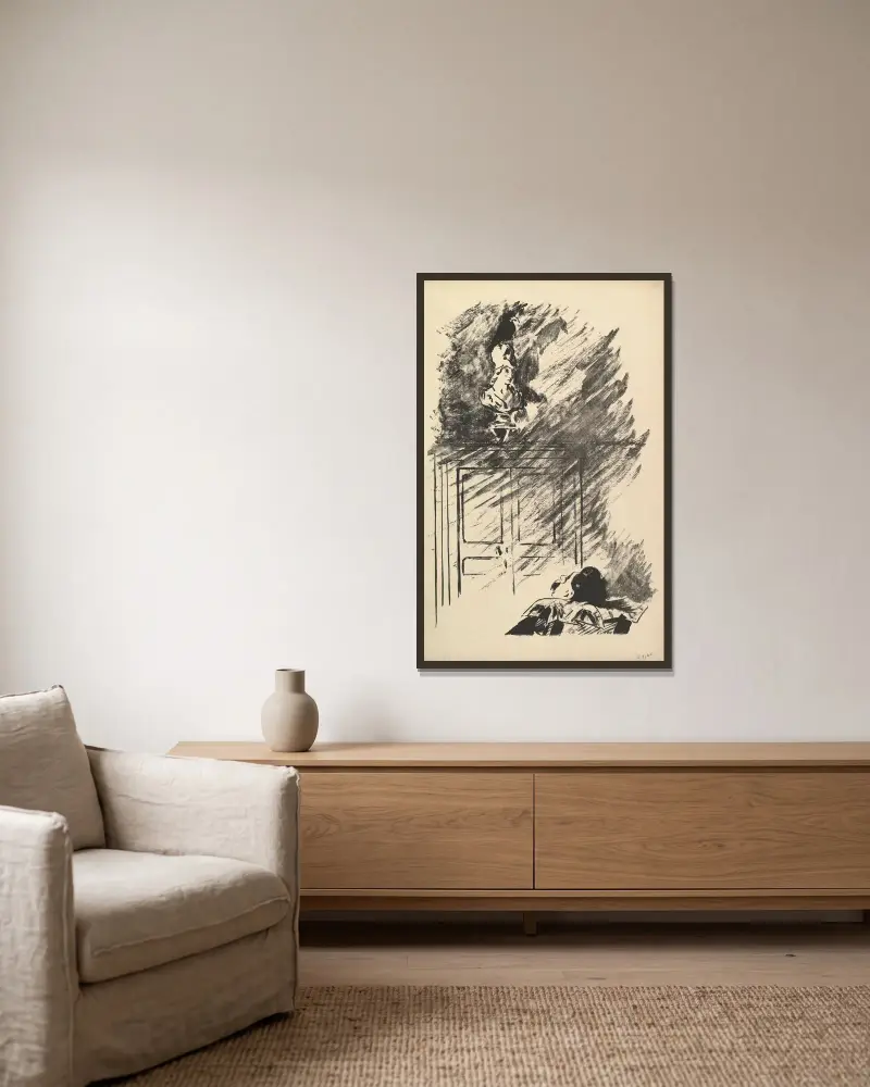 Uppflugen på en Pallasbyst. Illustration till Korpen av Edgar Allan Poe av Édouard Manet inramad på en vägg