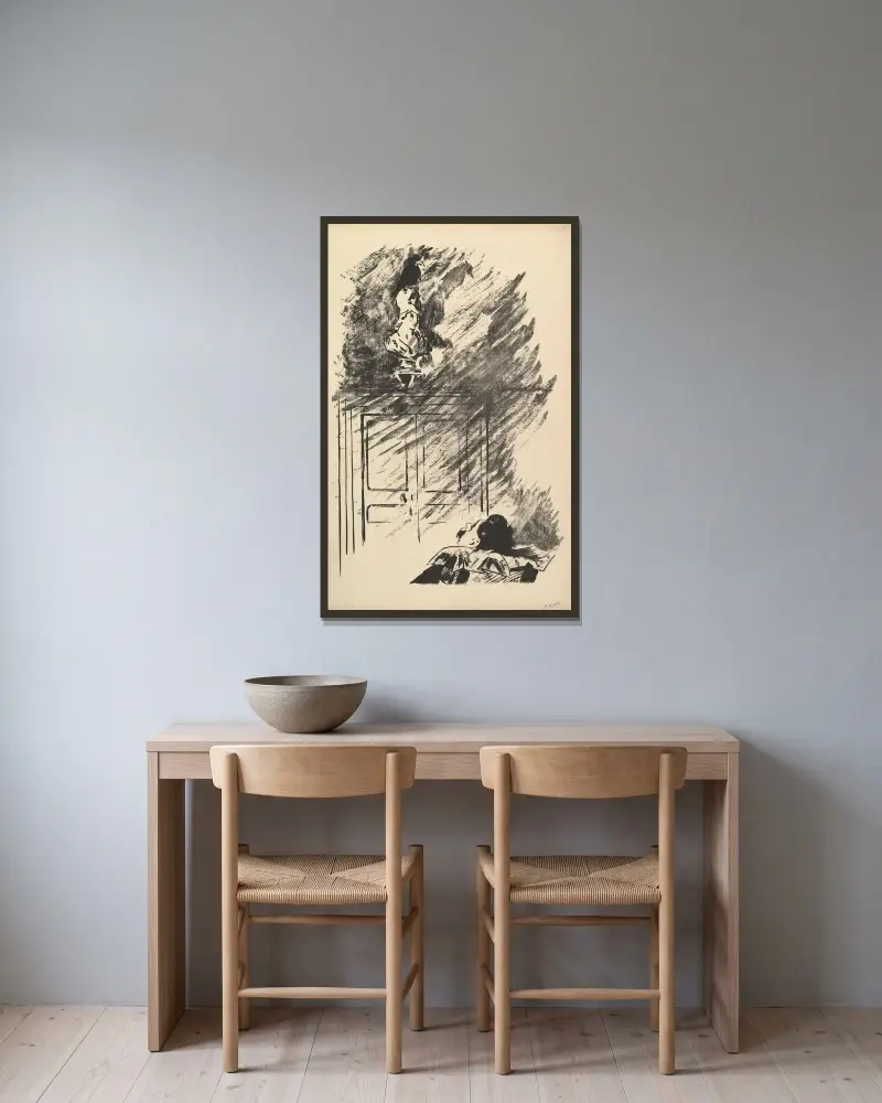 Uppflugen på en Pallasbyst. Illustration till Korpen av Edgar Allan Poe av Édouard Manet inramad på en vägg