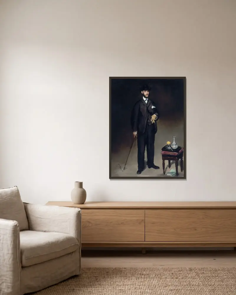 Portrait de Théodore Duret av Édouard Manet inramad på en vägg