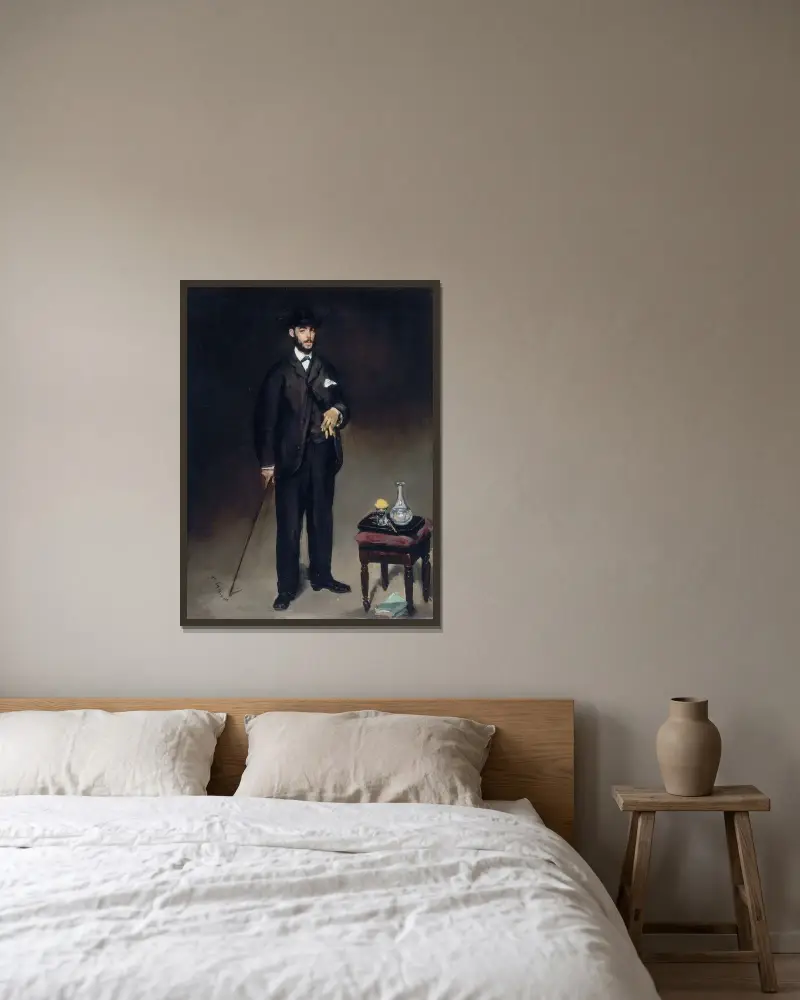 Portrait de Théodore Duret av Édouard Manet inramad på en vägg