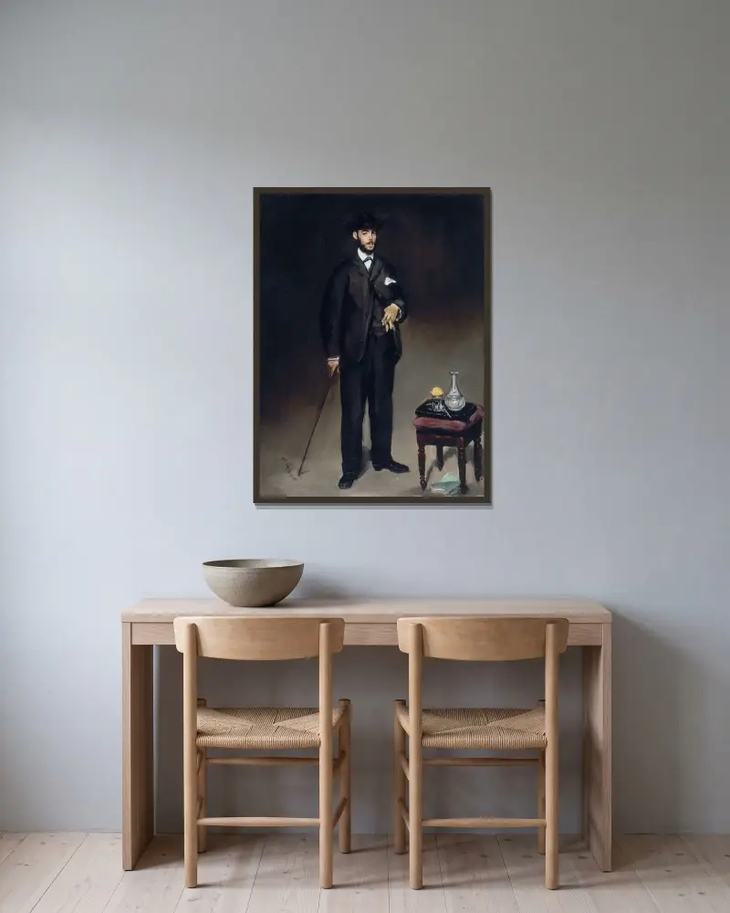 Portrait de Théodore Duret av Édouard Manet inramad på en vägg
