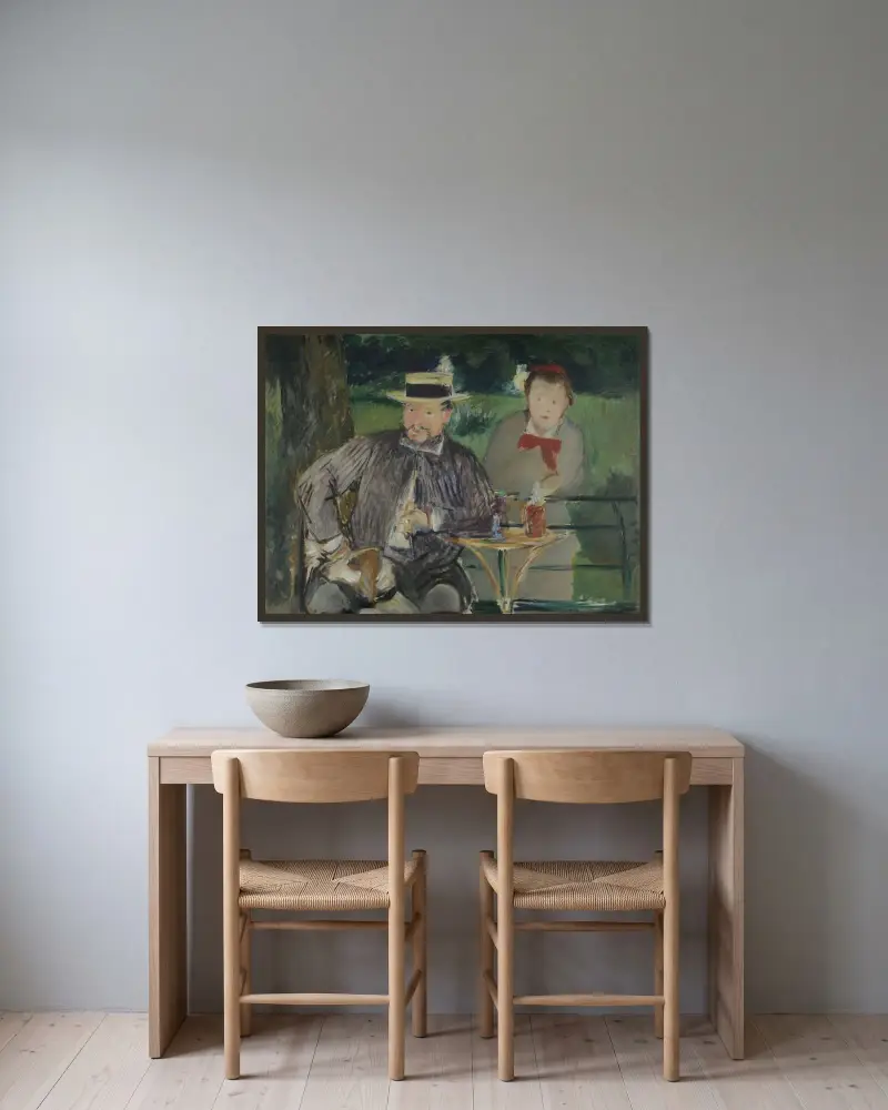 Porträtt av Ernest Hoschedé och hans dotter Marthe av Édouard Manet inramad på en vägg
