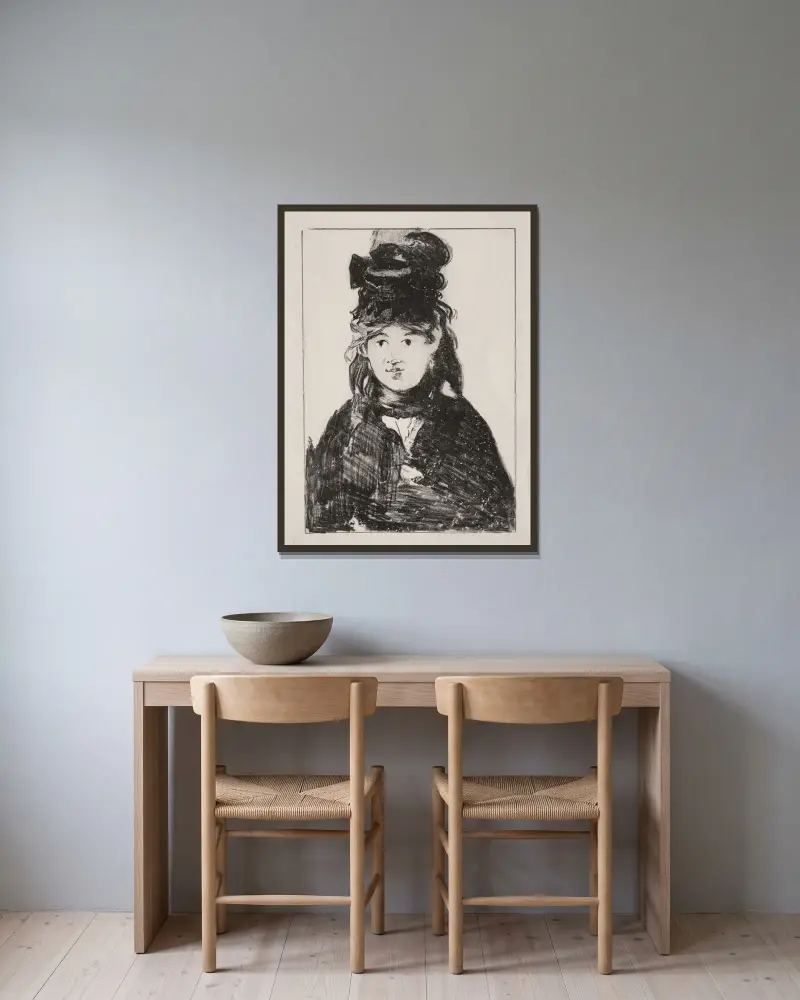Porträtt av Berthe Morisot, 1872 – nr 1 av Édouard Manet inramad på en vägg