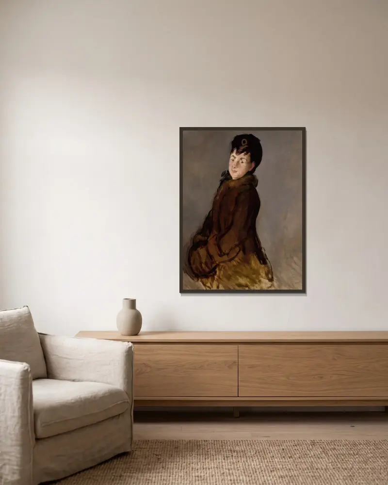 Porträtt av Isabelle Lemonnier med muff av Édouard Manet inramad på en vägg