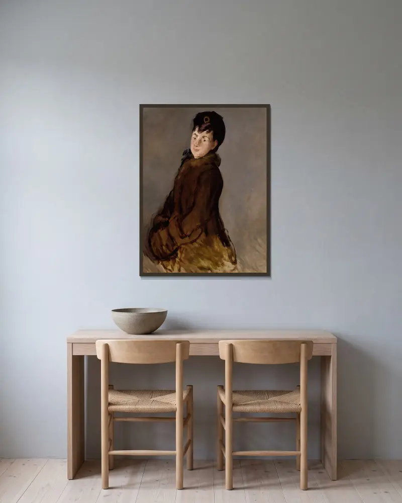 Porträtt av Isabelle Lemonnier med muff av Édouard Manet inramad på en vägg