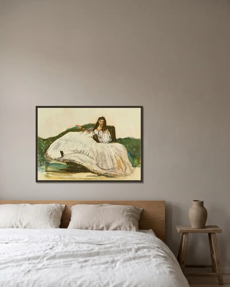 Porträtt av Jeanne Duval eller Kvinna med solfjäder av Édouard Manet inramad på en vägg
