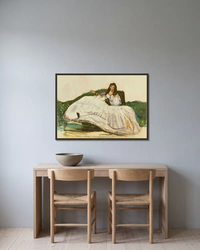 Porträtt av Jeanne Duval eller Kvinna med solfjäder av Édouard Manet inramad på en vägg