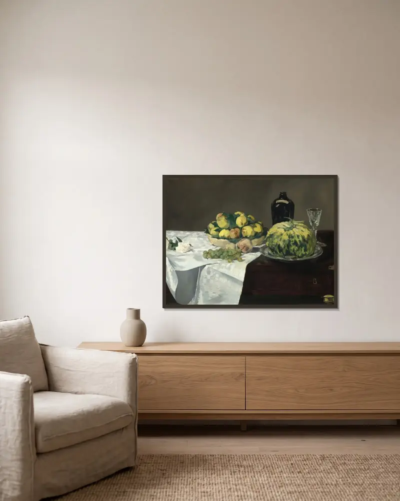 Stilleben med melon och persikor av Édouard Manet inramad på en vägg