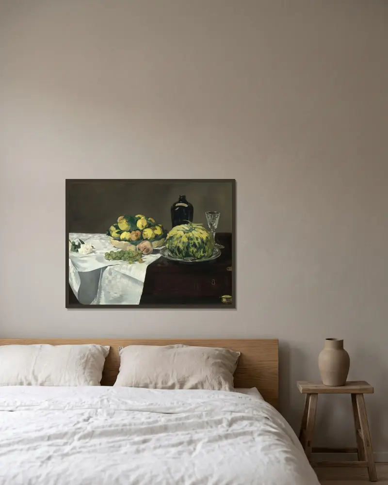 Stilleben med melon och persikor av Édouard Manet inramad på en vägg