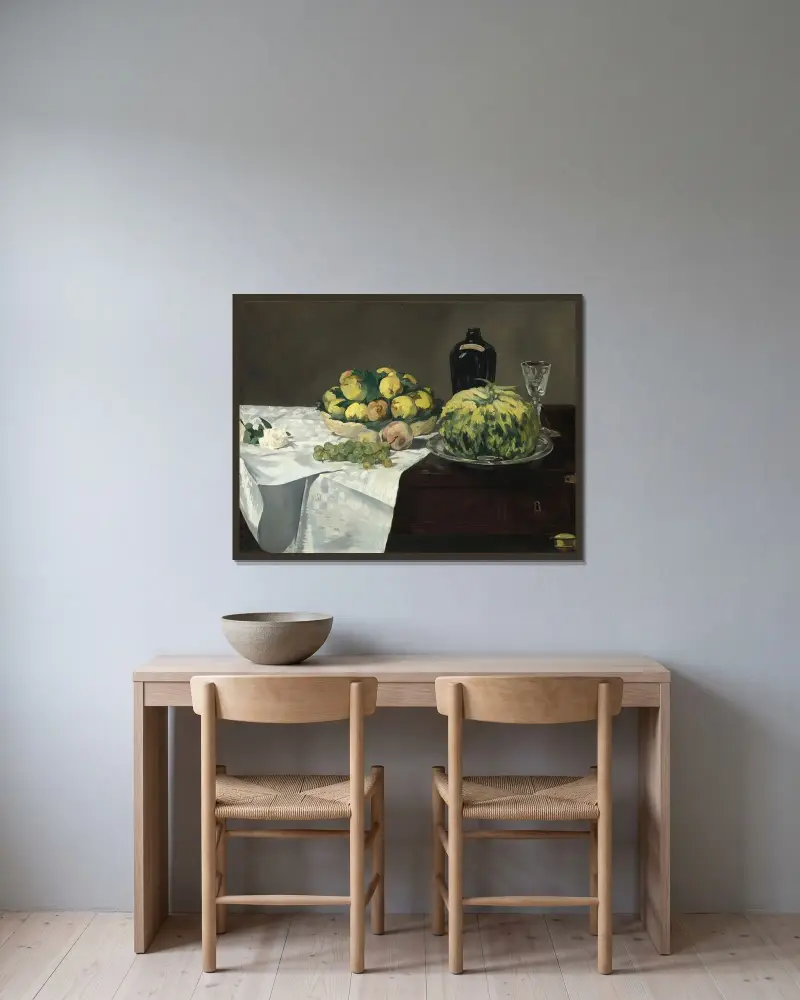 Stilleben med melon och persikor av Édouard Manet inramad på en vägg