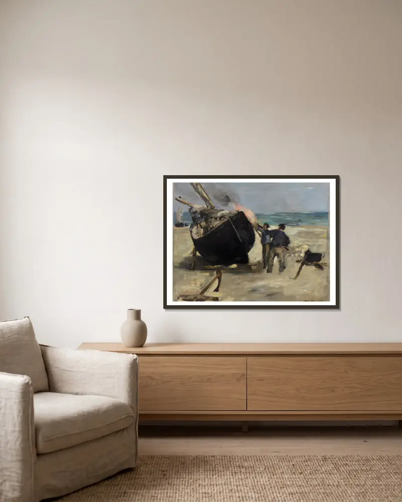 Das Teeren des Bootes von Édouard Manet gerahmt an einer Wand