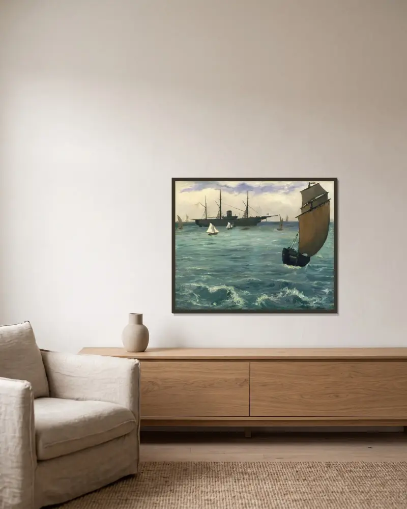 Die „Kearsarge“ in Boulogne von Édouard Manet gerahmt an einer Wand
