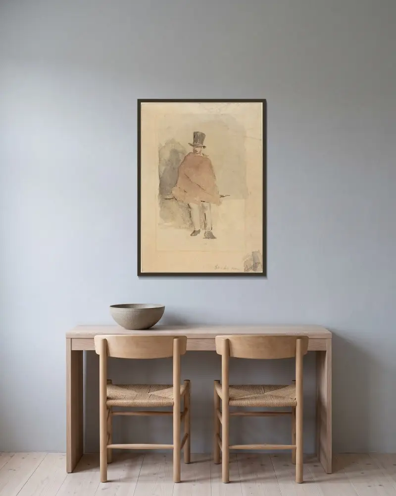 Mannen i den höga hatten av Édouard Manet inramad på en vägg