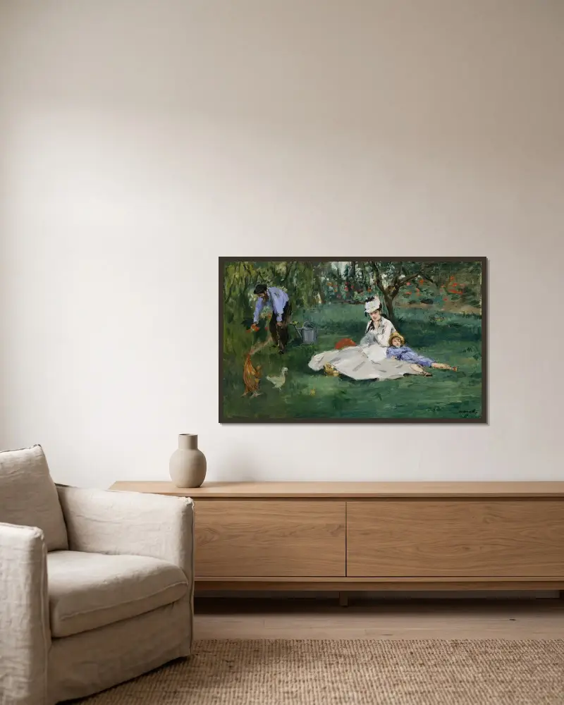 Familjen Monet i trädgården i Argenteuil av Édouard Manet inramad på en vägg