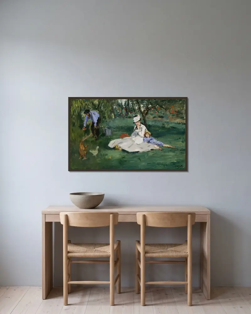 Familjen Monet i trädgården i Argenteuil av Édouard Manet inramad på en vägg