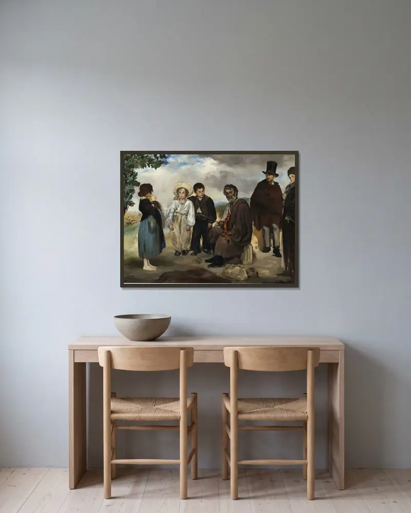 Der alte Musiker von Édouard Manet gerahmt an einer Wand