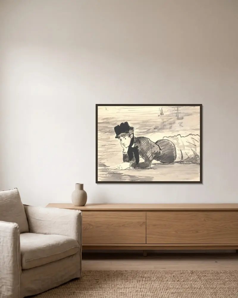 Liegende Frau am Strand. Annabel Lee von Édouard Manet gerahmt an einer Wand