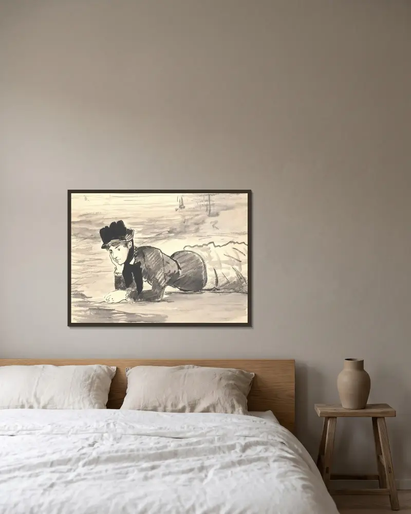 Liegende Frau am Strand. Annabel Lee von Édouard Manet gerahmt an einer Wand