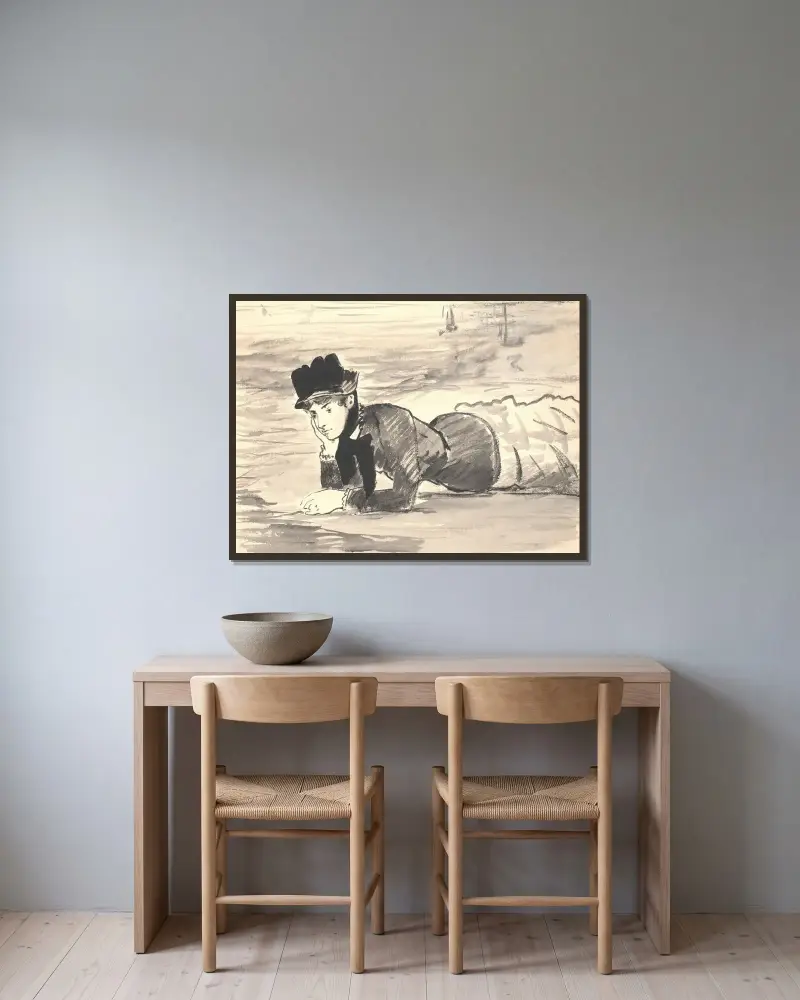 Liegende Frau am Strand. Annabel Lee von Édouard Manet gerahmt an einer Wand
