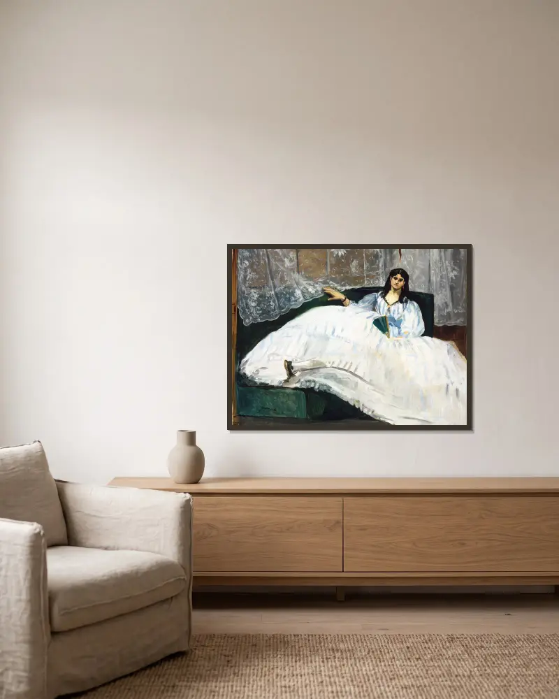 Die Dame mit dem Fächer von Édouard Manet gerahmt an einer Wand