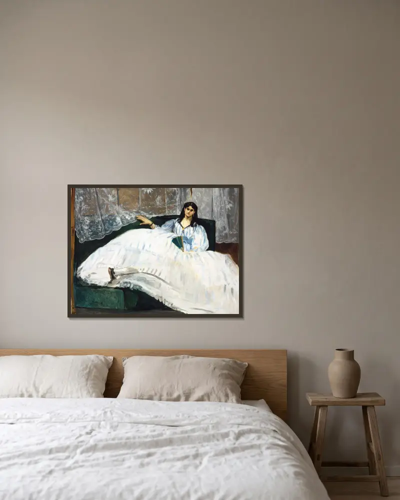 Die Dame mit dem Fächer von Édouard Manet gerahmt an einer Wand