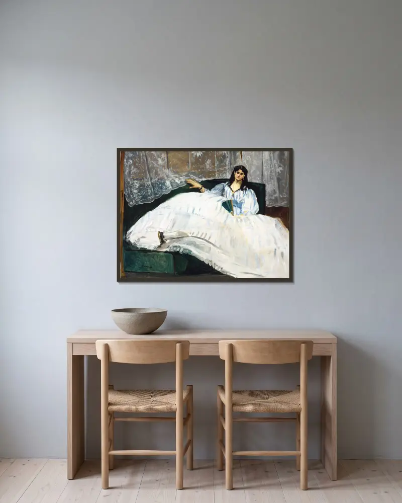 Die Dame mit dem Fächer von Édouard Manet gerahmt an einer Wand