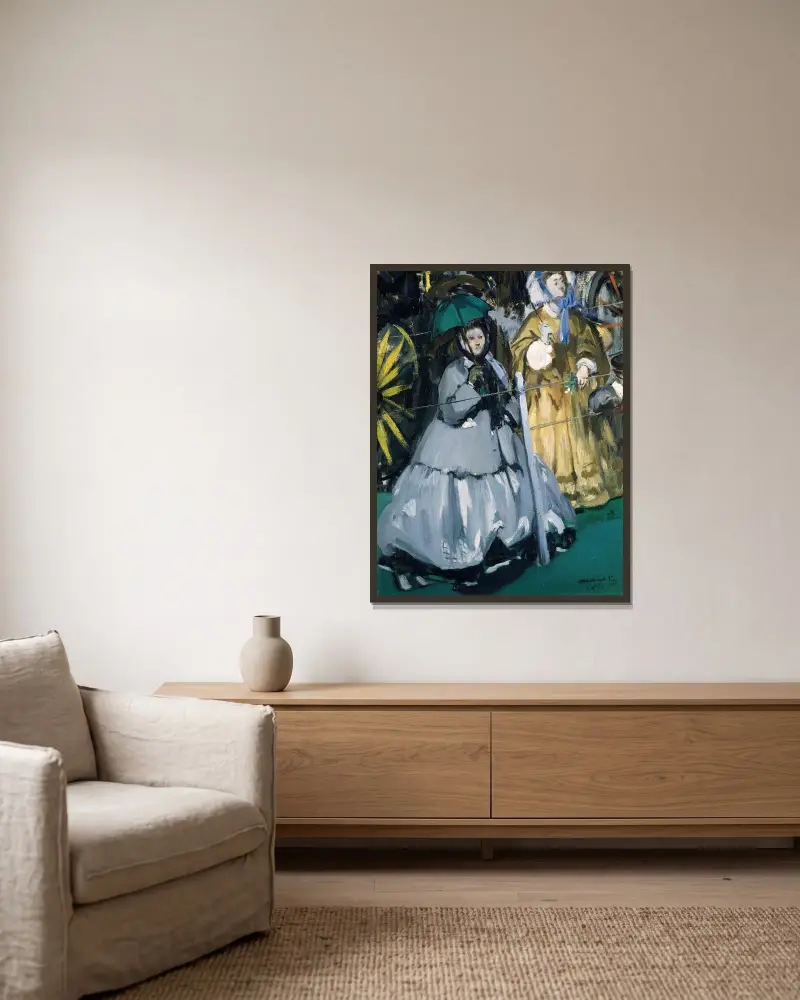 Frauen auf der Pferderennbahn von Édouard Manet gerahmt an einer Wand