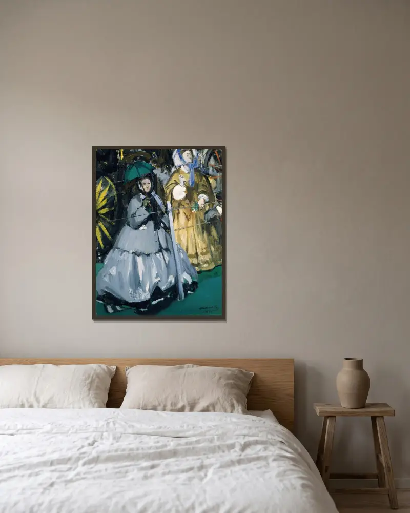 Frauen auf der Pferderennbahn von Édouard Manet gerahmt an einer Wand