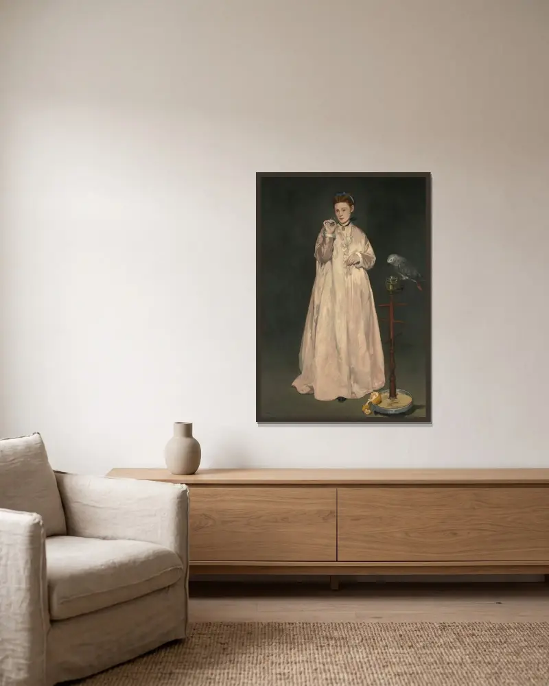 Junge Dame im Jahr 1866 von Édouard Manet gerahmt an einer Wand
