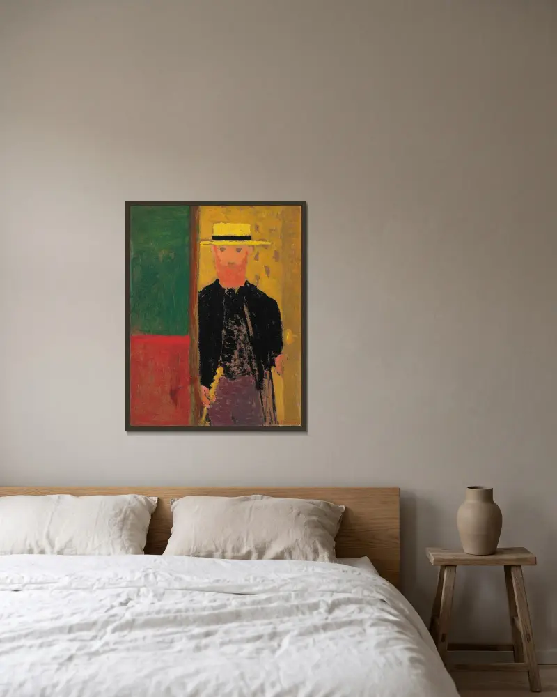 Självporträtt med käpp och stråhatt av Édouard Vuillard inramad på en vägg