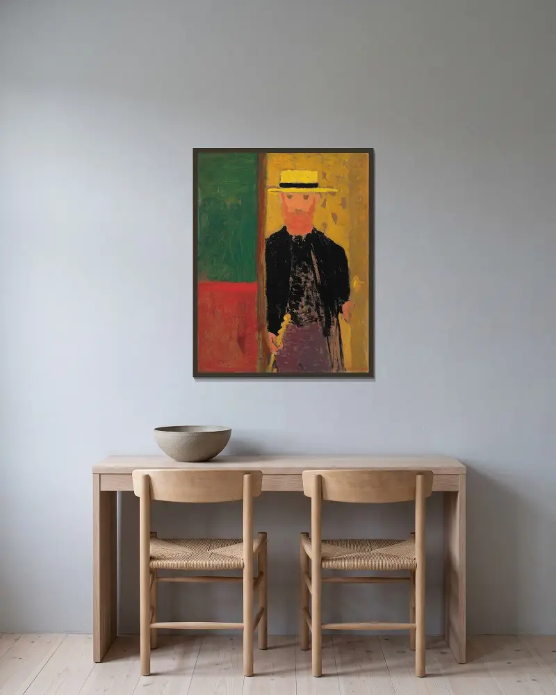 Självporträtt med käpp och stråhatt av Édouard Vuillard inramad på en vägg