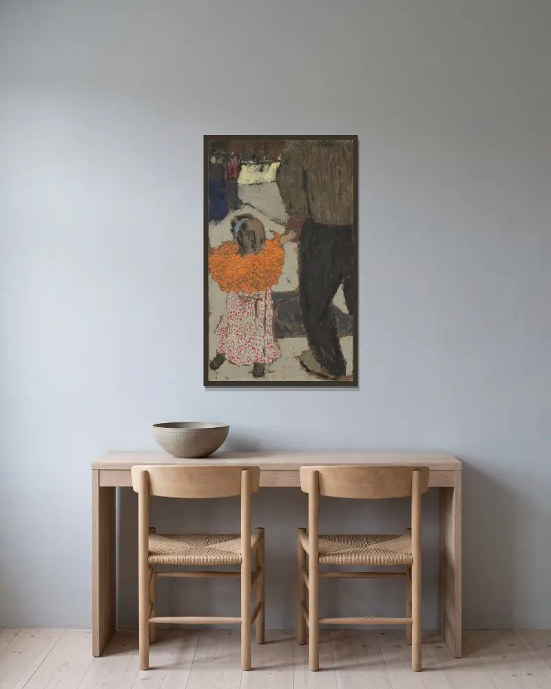 Barn med röd halsduk av Édouard Vuillard inramad på en vägg
