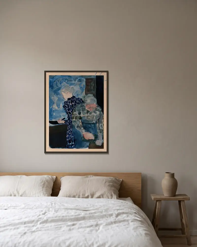 Två kvinnor i interiör av Édouard Vuillard inramad på en vägg