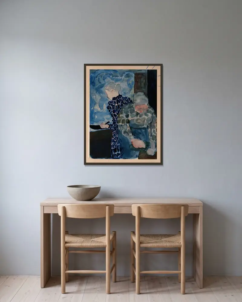 Två kvinnor i interiör av Édouard Vuillard inramad på en vägg