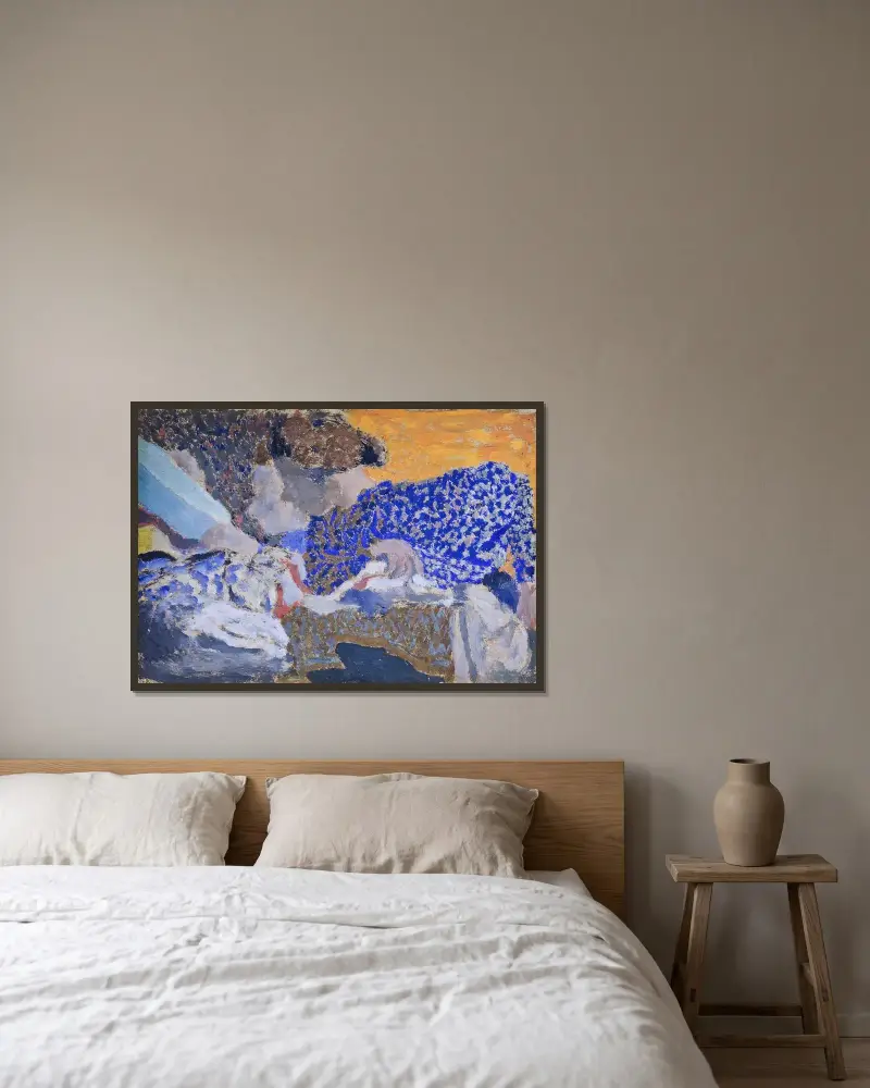 Två sömmerskor i syateljén av Édouard Vuillard inramad på en vägg