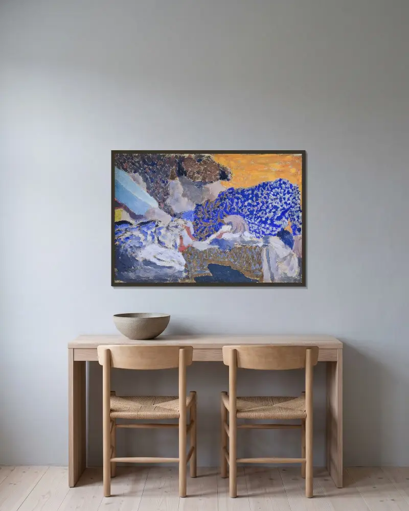 Två sömmerskor i syateljén av Édouard Vuillard inramad på en vägg