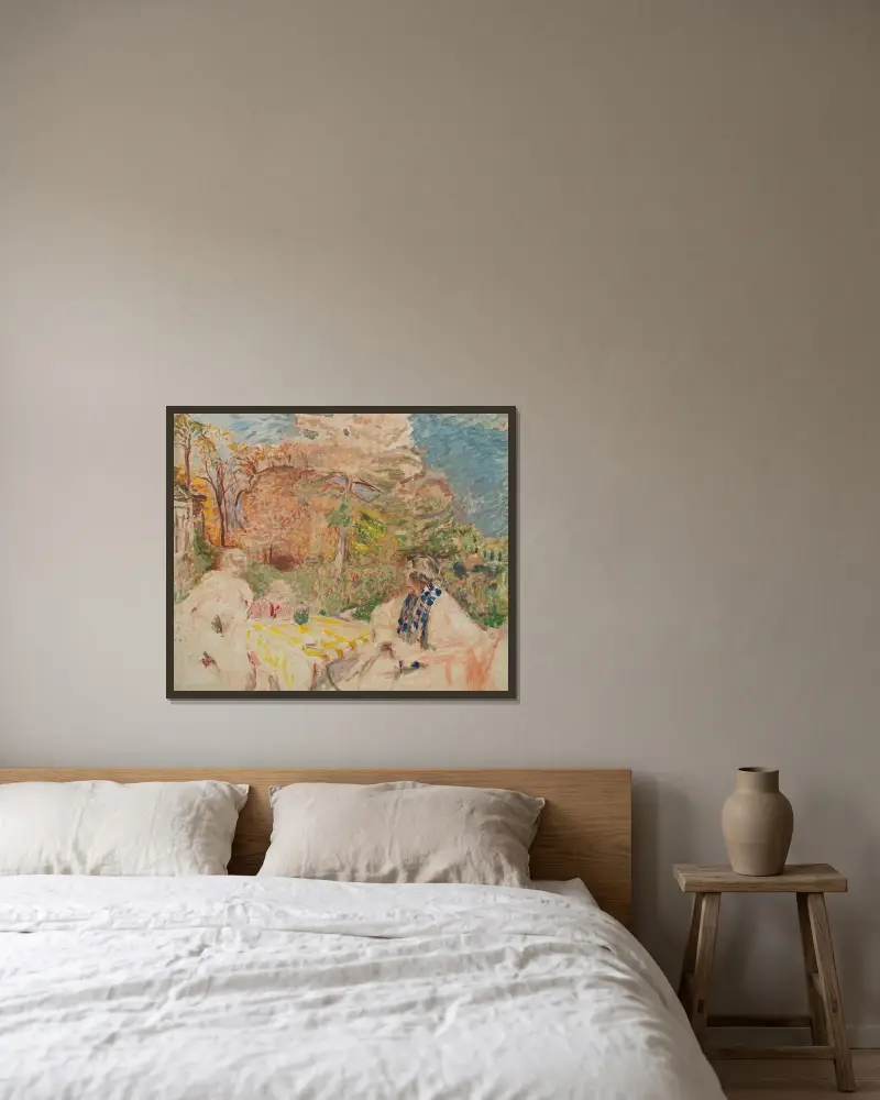 Kvinnor och barn vid Cézannes trädgård av Édouard Vuillard inramad på en vägg