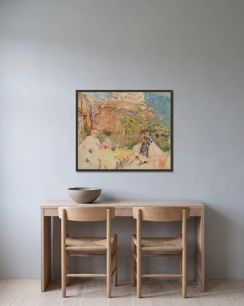 Kvinnor och barn vid Cézannes trädgård av Édouard Vuillard inramad på en vägg