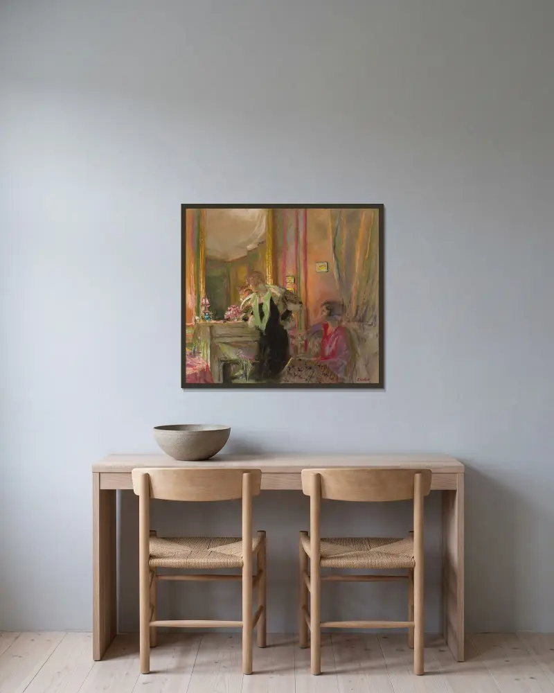 Gabrielle Jonas och hennes dotter Irène Montanet framför kaminen av Édouard Vuillard inramad på en vägg