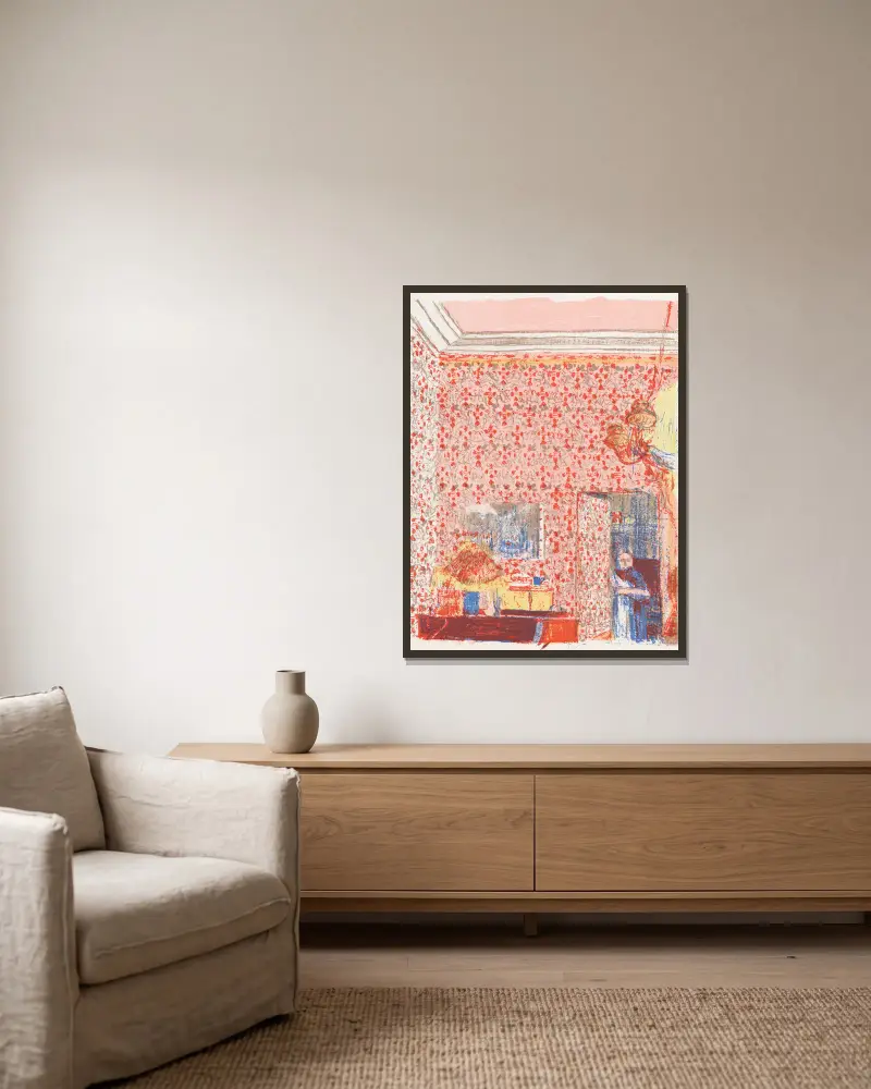 Interiör med rosa draperingar I av Édouard Vuillard inramad på en vägg