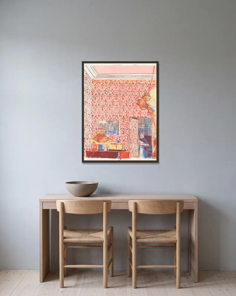 Interiör med rosa draperingar I av Édouard Vuillard inramad på en vägg