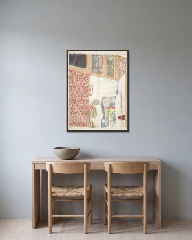 Interiör med rosa tapet III av Édouard Vuillard inramad på en vägg