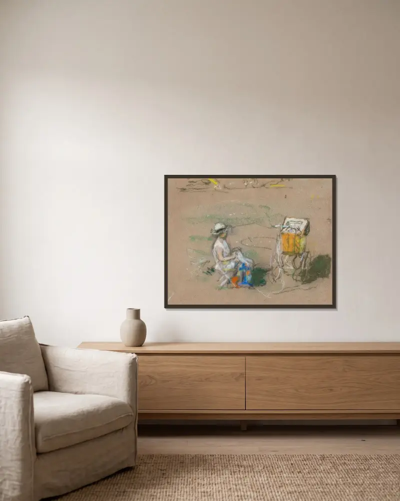 Das kleine Mädchen mit dem Kinderwagen von Édouard Vuillard gerahmt an einer Wand