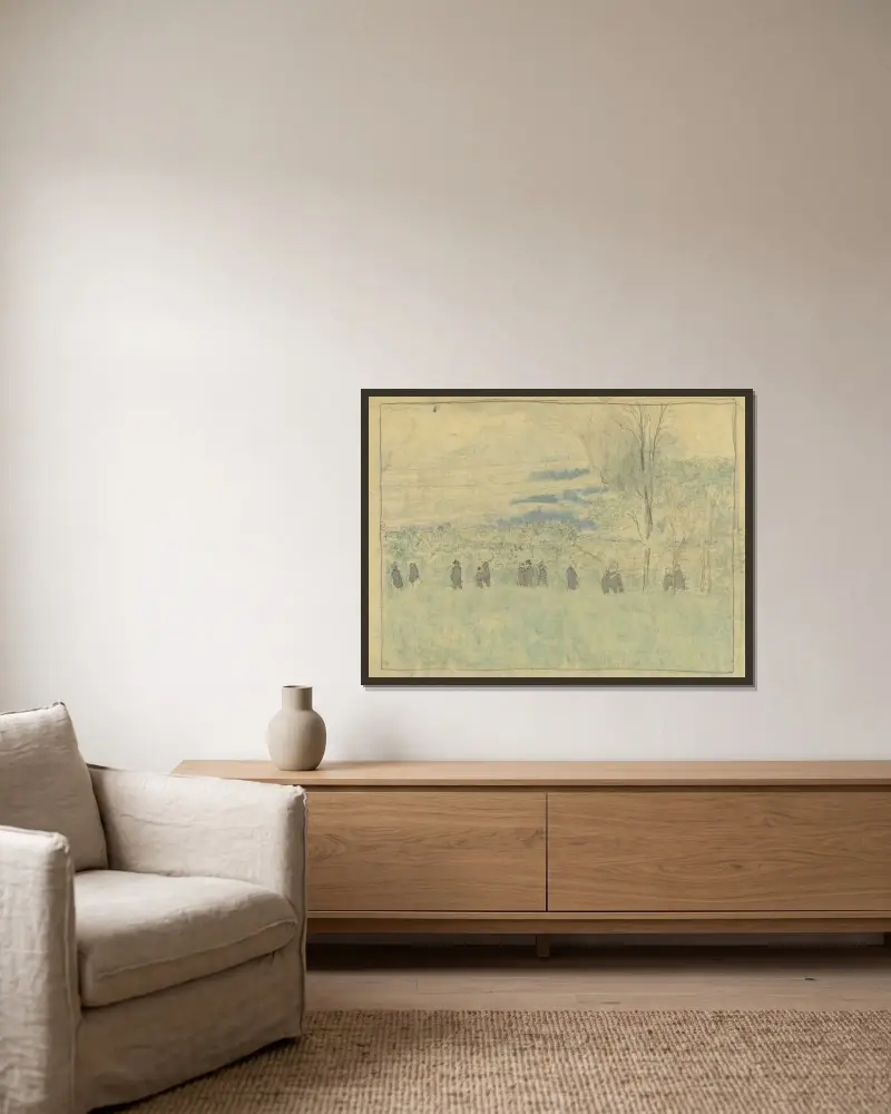 Landschaft mit Spaziergängern von Édouard Vuillard gerahmt an einer Wand