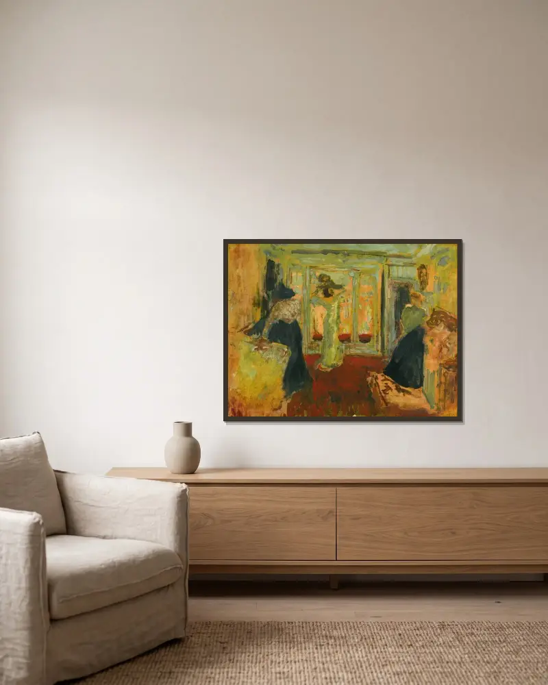 Madame Hessel hos modisten av Édouard Vuillard inramad på en vägg