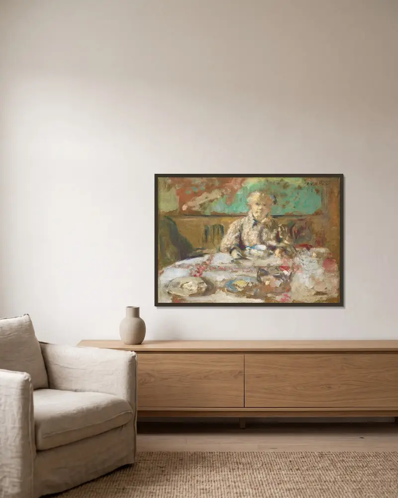 Madame Vuillard vid matbordet av Édouard Vuillard inramad på en vägg