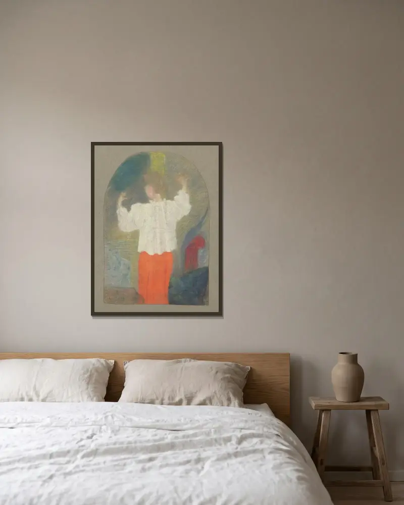 Marie im Jäckchen an ihrer Toilette von Édouard Vuillard gerahmt an einer Wand