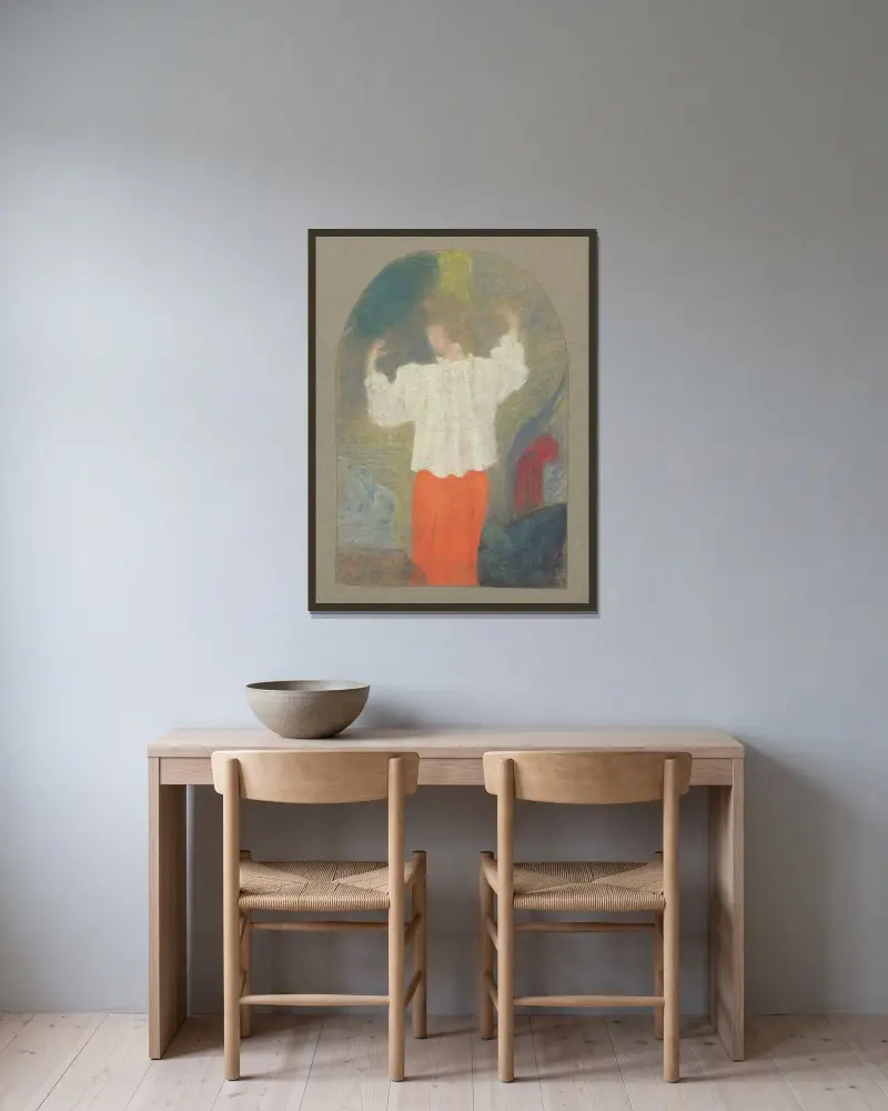 Marie im Jäckchen an ihrer Toilette von Édouard Vuillard gerahmt an einer Wand
