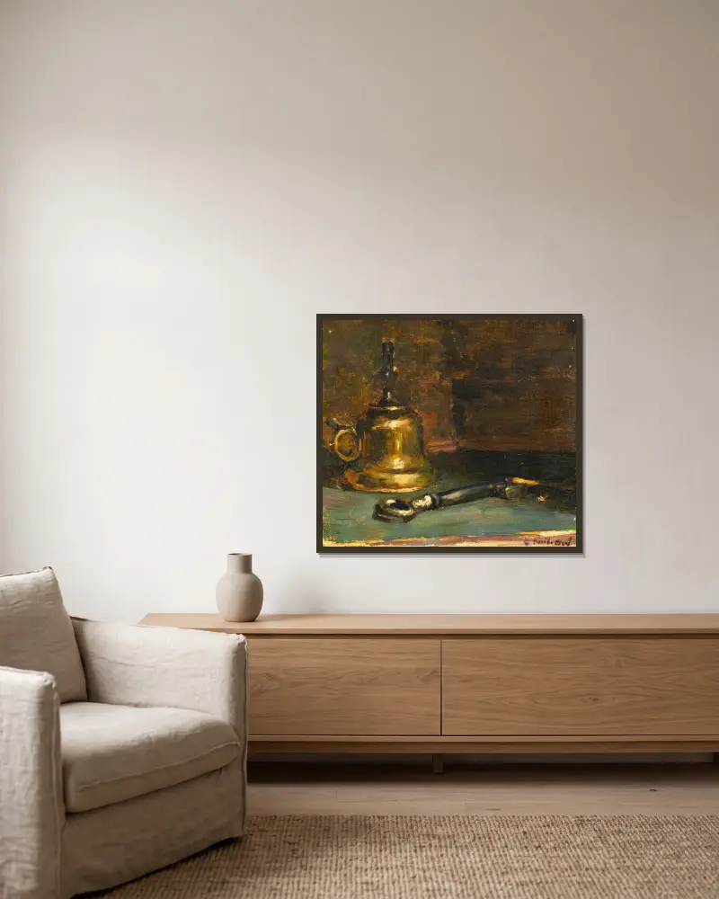 Stilleben med lampa av Édouard Vuillard inramad på en vägg