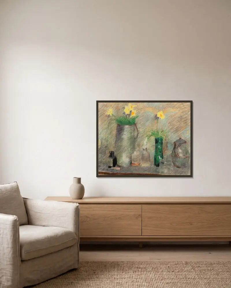Stilleben med blommor och flaska av Édouard Vuillard inramad på en vägg